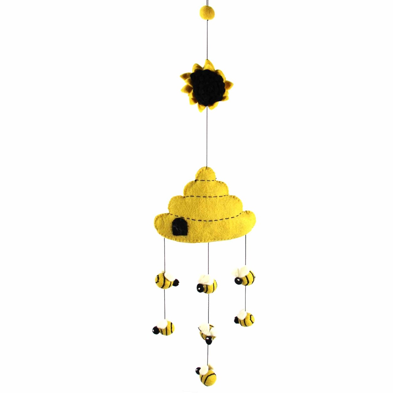 Handmade Yellow Felt Beehive Mobile with Bees Hanging Decoration Approx 24 Inches for Nursery
